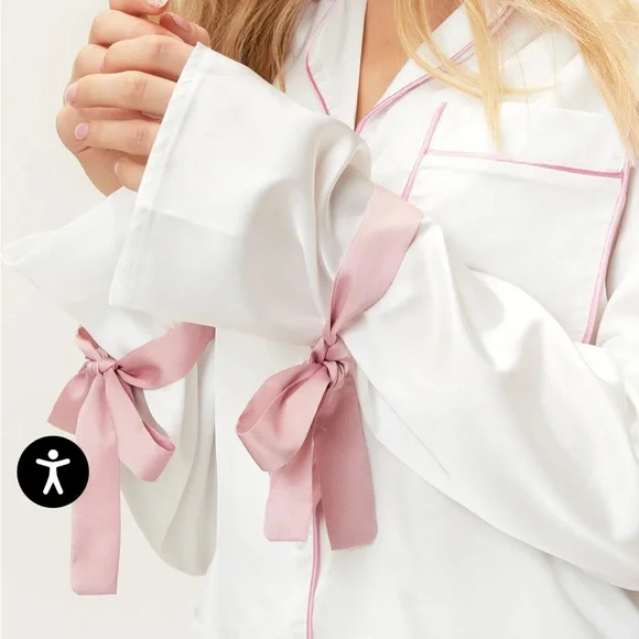 Women's White and Pink Bow Matching Pajama Set - Picture 2 of 3